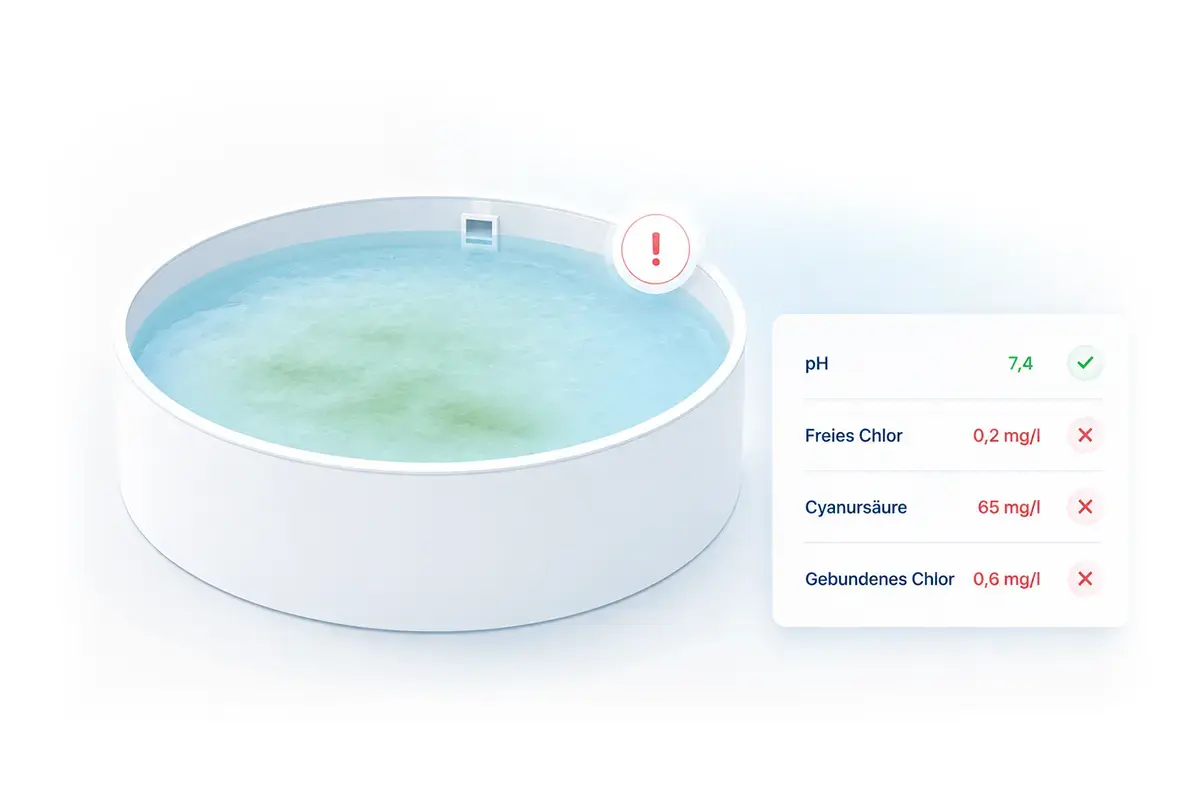 Pool mit eingeblendeten Wasserwerten und Warnhinweisen